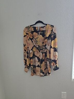 Forever 21 Black Floral Wrap-Style Long Sleeve Romper